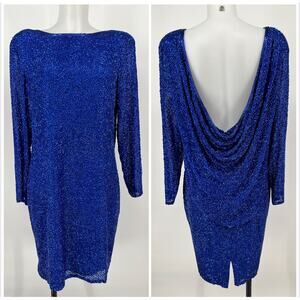 Vintage Mezza Luna by Modi Beaded Silk Dress Sz 10 Royal Blue Draped Back Formal